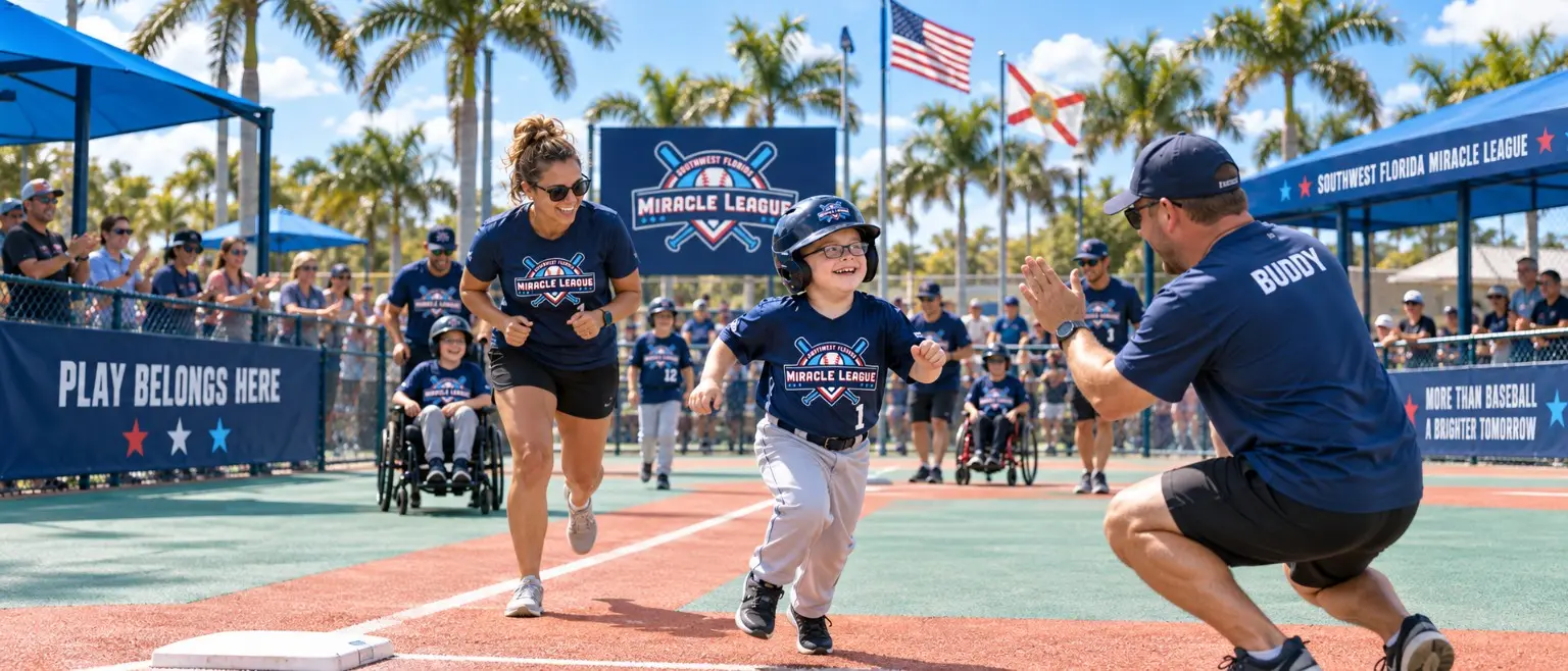 A Miracle League athlete running across an accessible rubberized baseball field