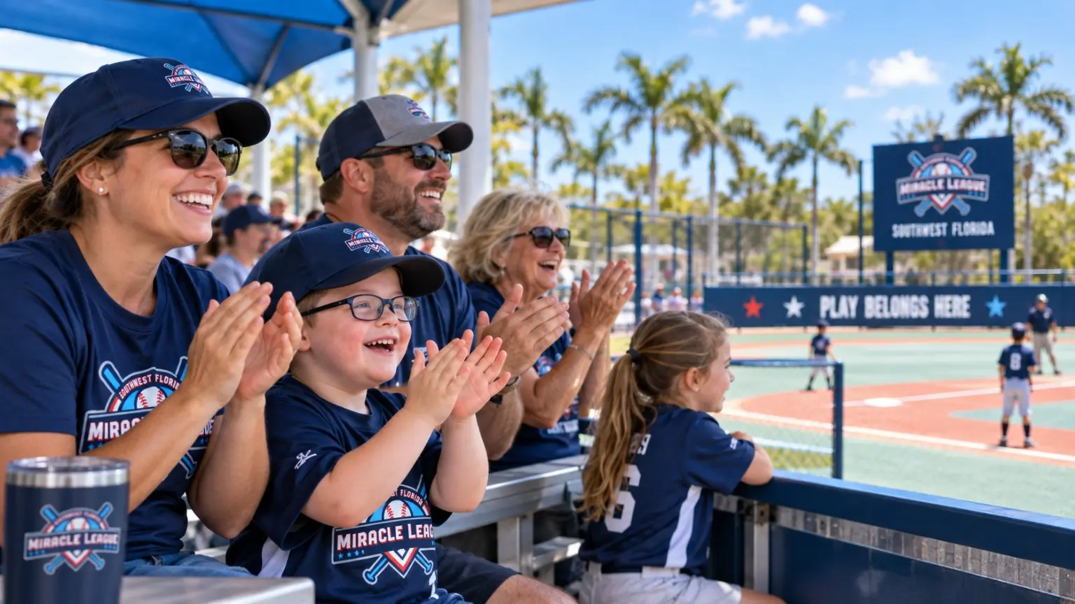 A Miracle League family cheering for athletes from an accessible dugout
